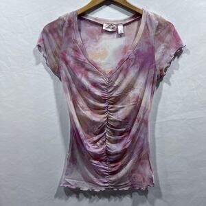 Willow & Root  Ruched Tie Dye Mesh Top V-Neck Pink Women's Size Small